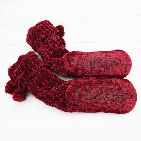 Jane and Bleecker Burgundy Red Super Soft Chenille Sherpa Lined Slipper Socks - Picture 5 of 6